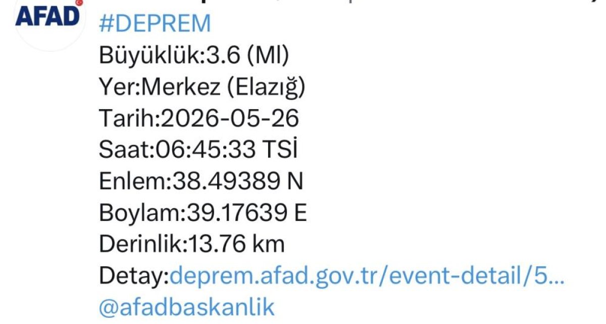 Elazığ’da 3.6 Büyüklüğünde Deprem