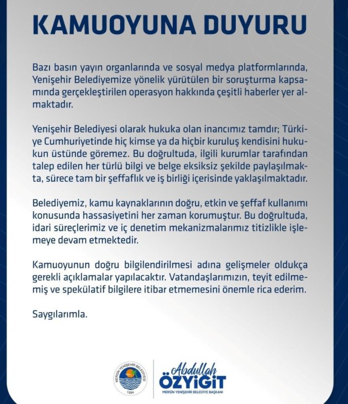 Başkan Özyiğit'ten Operasyon Açıklaması: "Hukuka Güvenimiz Tam"